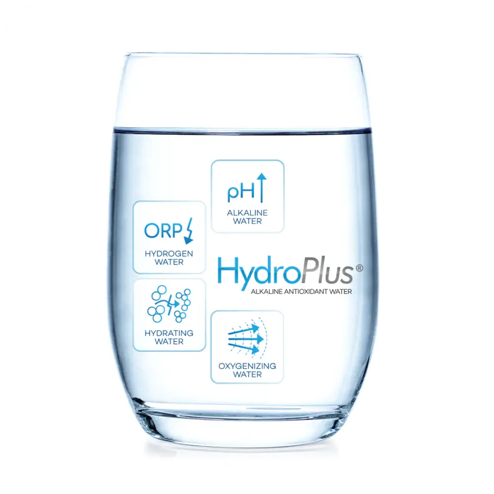 A glass of water with the words hydro plus on it.