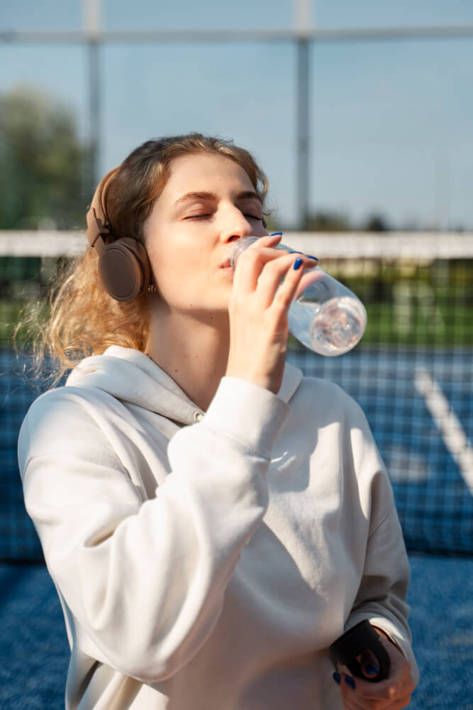 A woman with headphones drinking water on a tennis court.