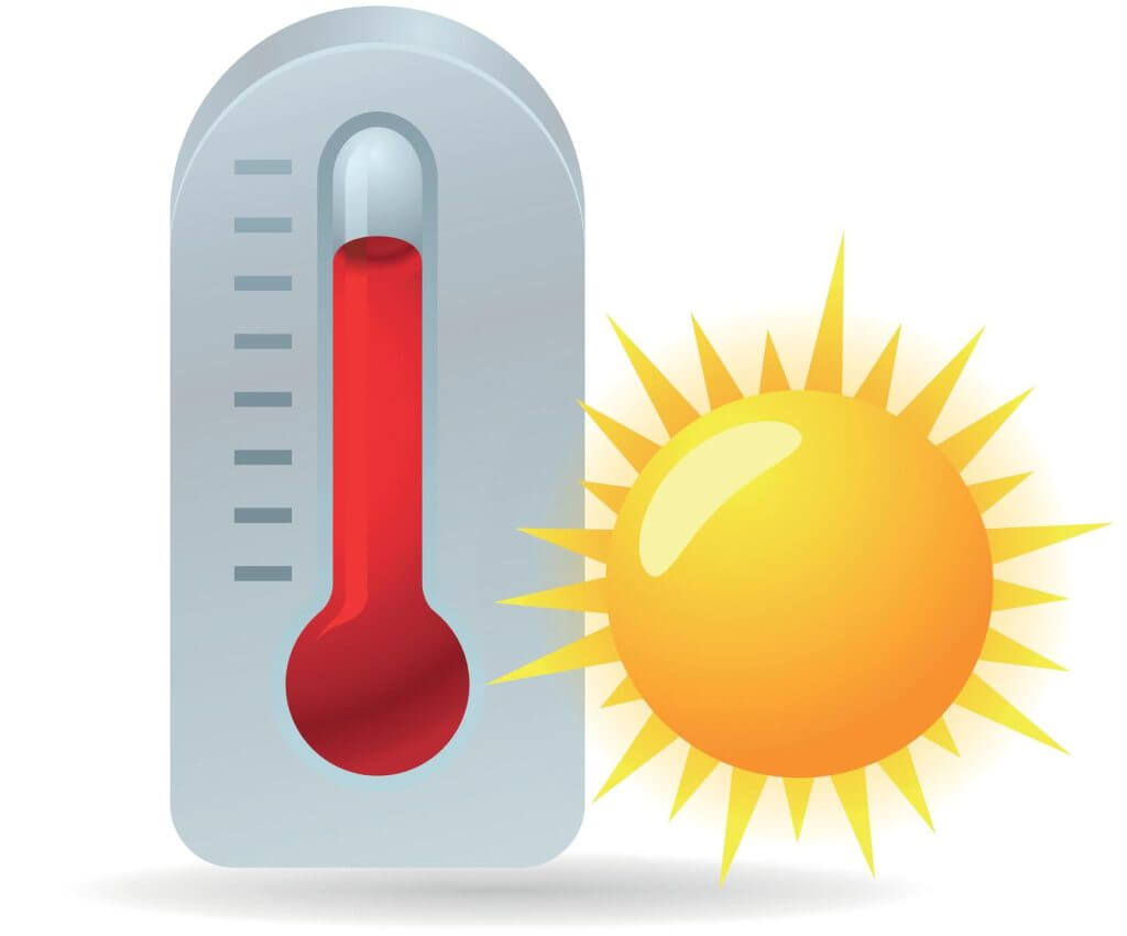 A thermometer and sun on a white background.