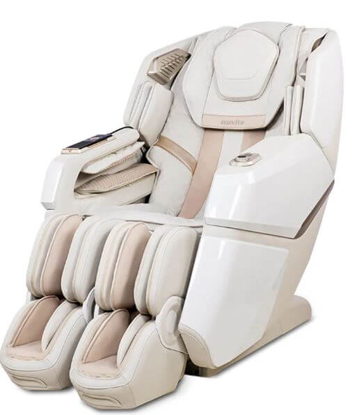 A white and beige massage chair with multiple cushions and footrests, featuring a control panel on the armrest.