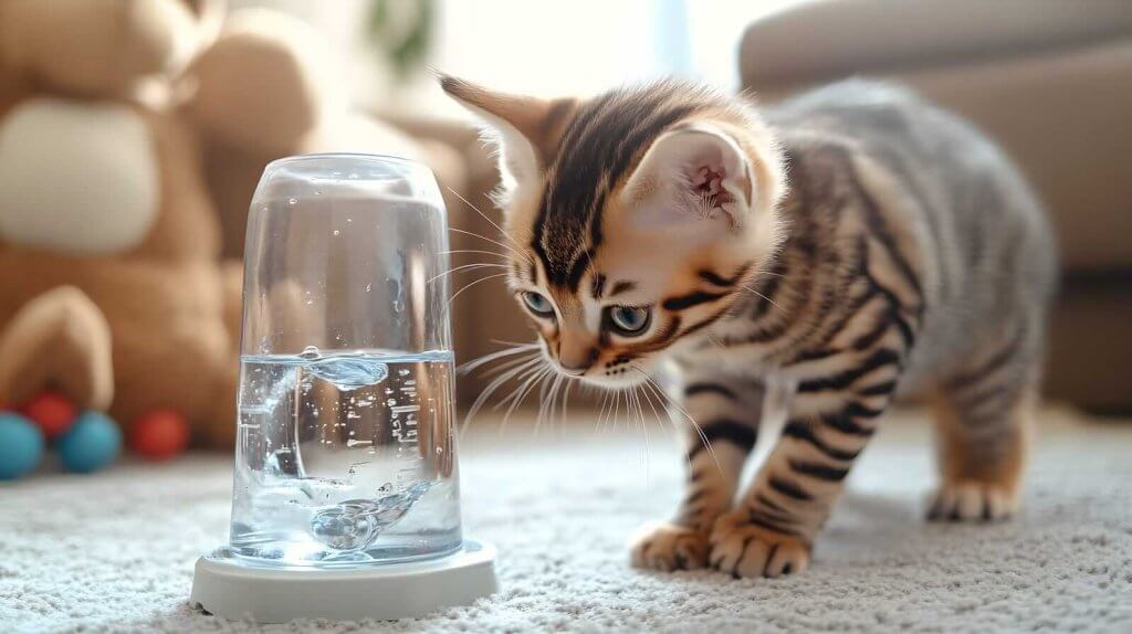 A curious kitten examines an upside-down glass of water on a carpeted floor. Toys and furniture are blurred in the background.