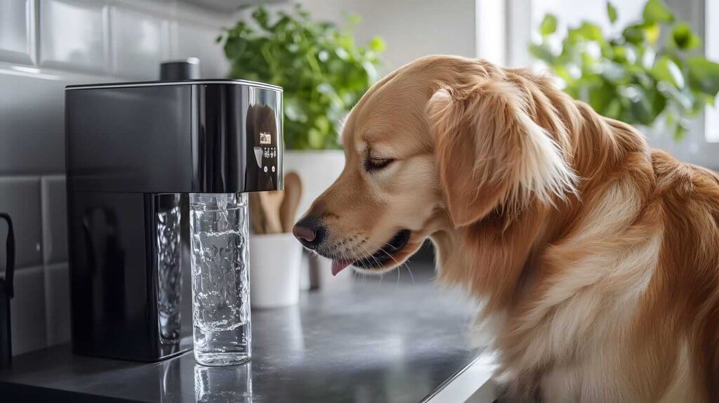 A golden retriever looks at a glass of water being filled by a black water dispenser on a kitchen counter.