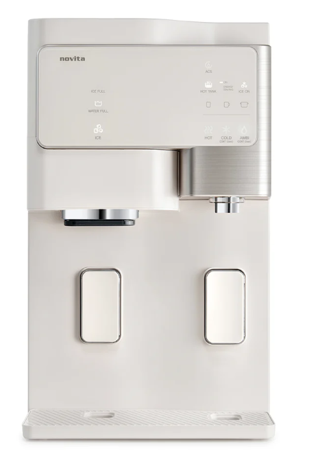 A white countertop water dispenser with two spouts, labeled buttons, and an LED display panel—perfect for any home. Check out the latest water dispenser Singapore price for great deals.