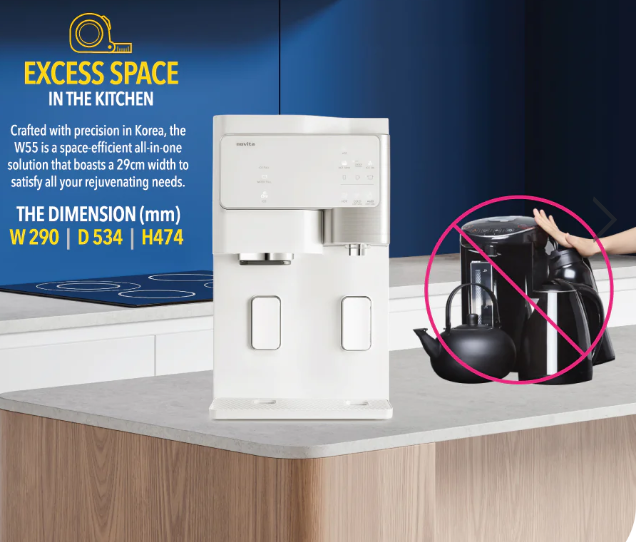 A white countertop water purifier is displayed with its dimensions, next to an image of a kettle and coffee maker crossed out, highlighting space-saving benefits.