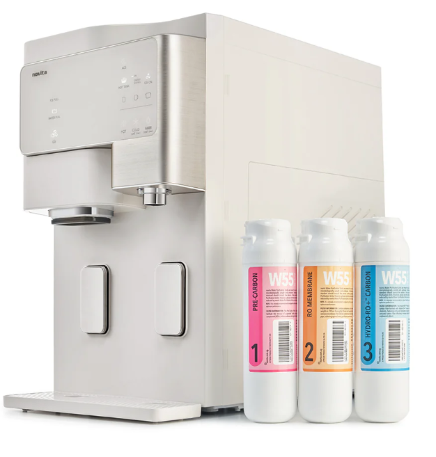 A white countertop water purifier machine is shown next to three labeled filter cartridges marked as 1, 2, and 3.