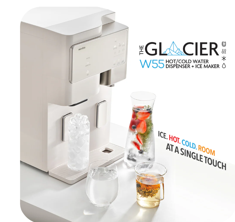 A countertop water dispenser and ice maker with glasses of ice water, infused water, room temperature water, and hot tea beside it; text highlights its hot, cold, room, and ice functions.