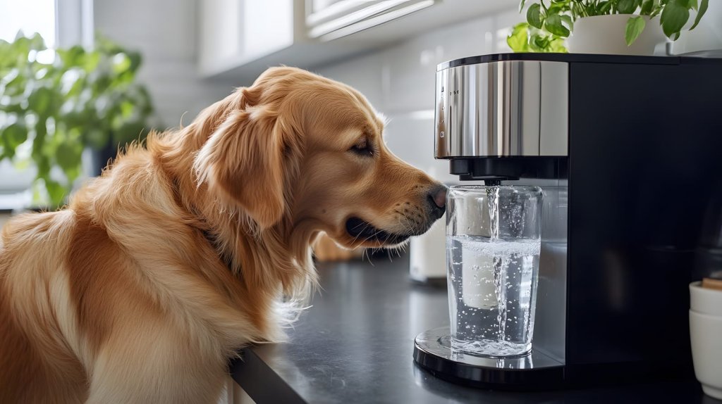 A golden retriever stands on its hind legs, watching a glass being filled with water from a countertop dispenser in a modern kitchen, perhaps curious about the water dispenser Singapore price.