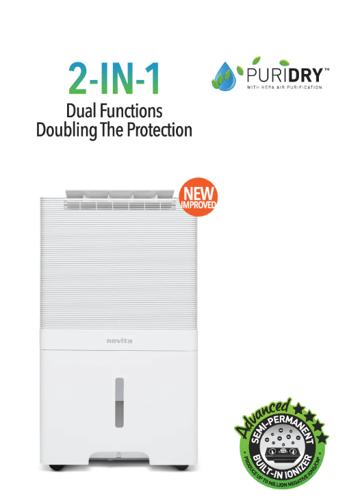 White Novita air purifier and powerful dehumidifier with "2-in-1" and "Dual Functions" text, Puridry logo, and advanced filtration badge on white background.