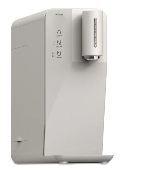 A modern, white countertop water purifier and dispenser with indicator lights and a spout for dispensing water.