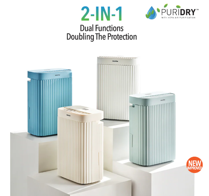 Four rectangular PURIDRY air purifiers in blue, white, and green are displayed on white platforms, with text highlighting their dual functions and new, improved design.