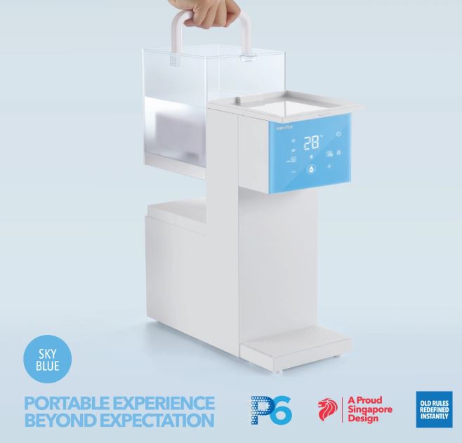 A hand lifts a transparent container from a modern, white appliance with a digital display showing “28°.” Text reads: “SKY BLUE, Portable Experience Beyond Expectation.”.