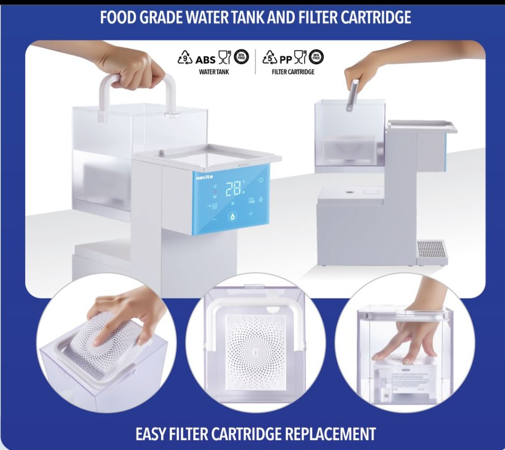 Diagram showing a water tank with a digital display, filter cartridge, and hands demonstrating easy filter cartridge replacement in three steps. Labels indicate ABS water tank and PP filter cartridge.