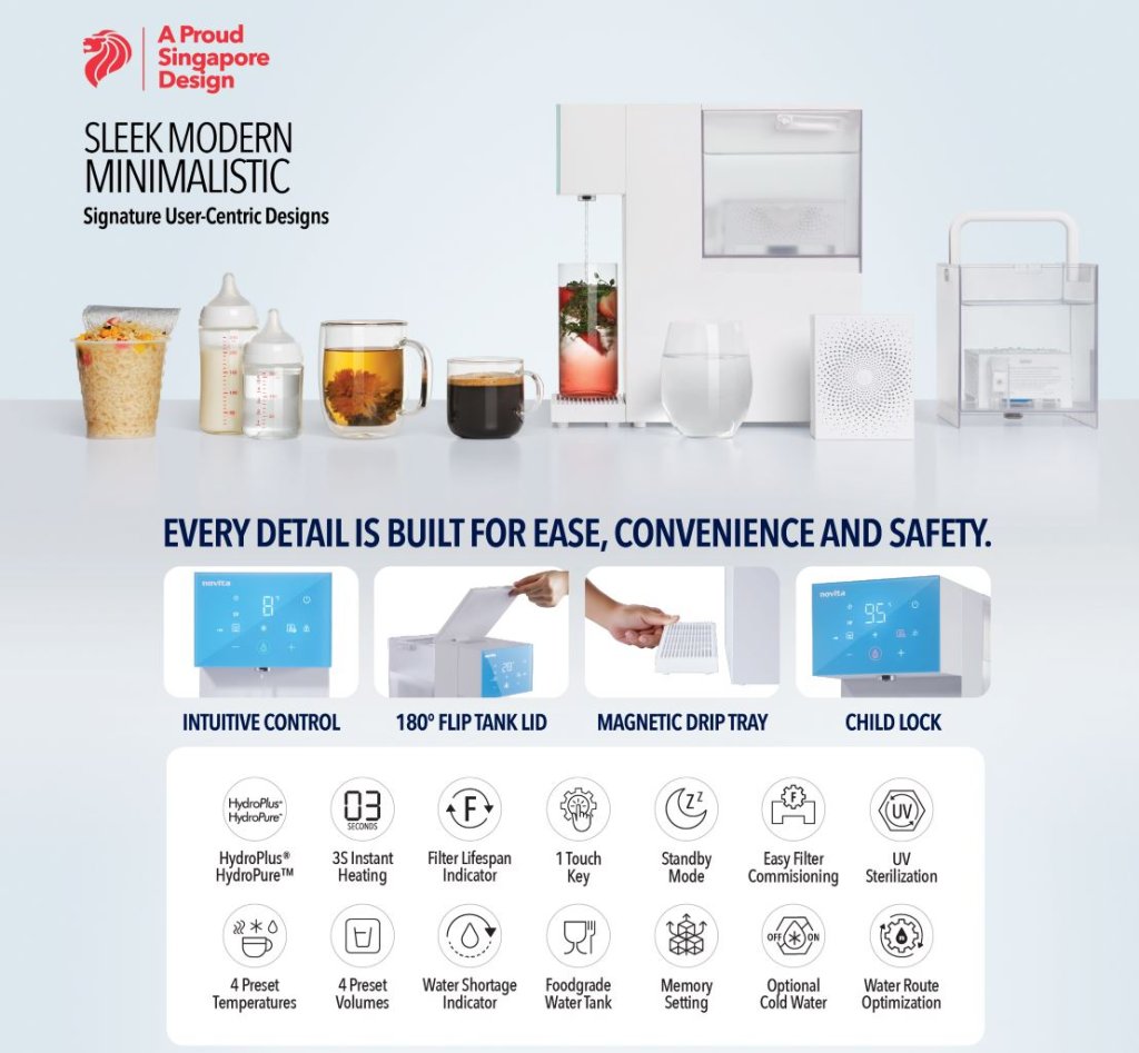 A water dispenser with various safety and convenience features is displayed alongside different drinks and containers, highlighting its sleek, minimalist design and user-friendly controls.
