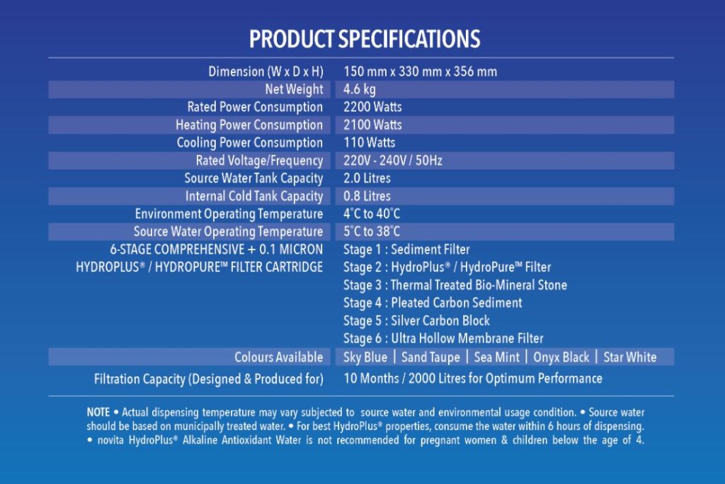 Product specifications table for a water purifier, detailing dimensions, weight, power, water flow, storage tank, operating temperature, filtration stages, colors, and filtration capacity.