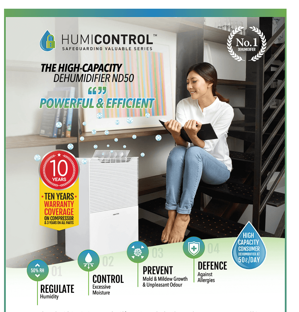 A woman sits on a table using a tablet next to a white dehumidifier; product features, warranty, and efficiency highlights are displayed around her.