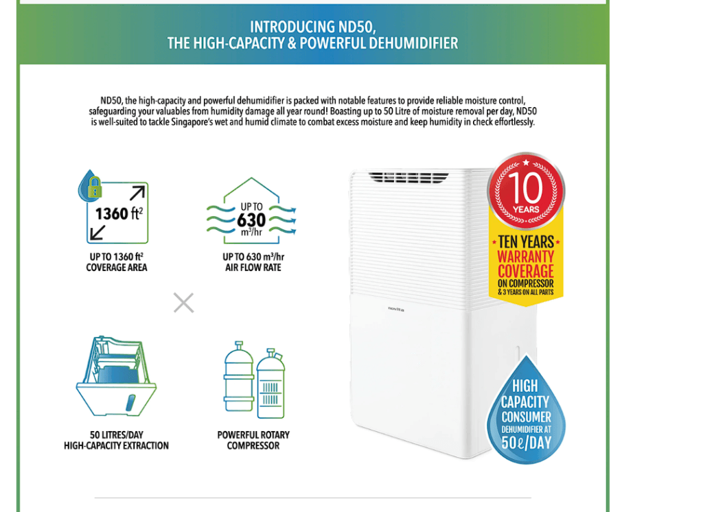 White dehumidifier with text highlighting features: 1360 ft² coverage, up to 630 m³/hr airflow rate, 50 liters/day extraction, rotary compressor, and 10-year warranty on compressor.