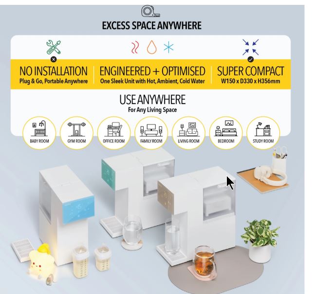A display of three compact water purifiers on a table, with icons and text highlighting their portability, ease of installation, and suitability for various rooms.