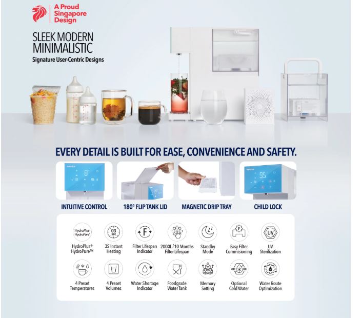 A product display features a sleek, modern water purifier with labeled highlights of its intuitive controls, flip tank lid, drip tray, and child lock, plus icons showing its key features.