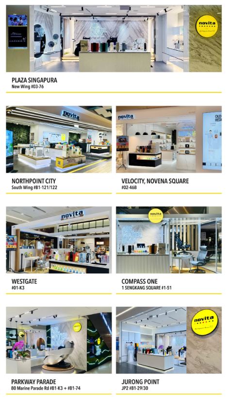 A collage of six Novita store interiors at various locations in Singapore, each labeled with its name, address, and store unit number.