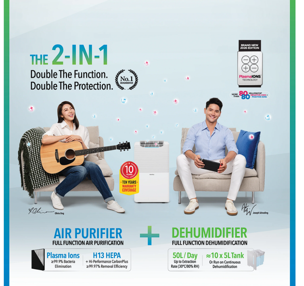 A woman and a man sit on the floor beside a 2-in-1 air purifier and dehumidifier, with product features and benefits displayed around them.