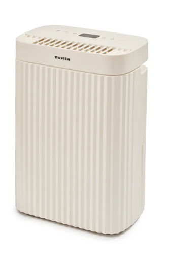 Beige Novita air purifier with vertical ridges, top control panel, and air vents, shown against a plain white background.