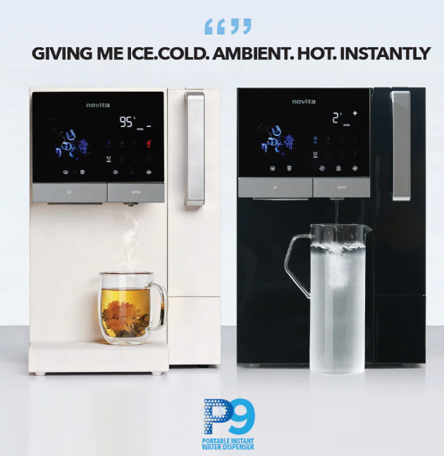 Two Novita RO Water Dispensers, one white and one black, each instantly dispensing hot or cold water into a glass teapot and jug.