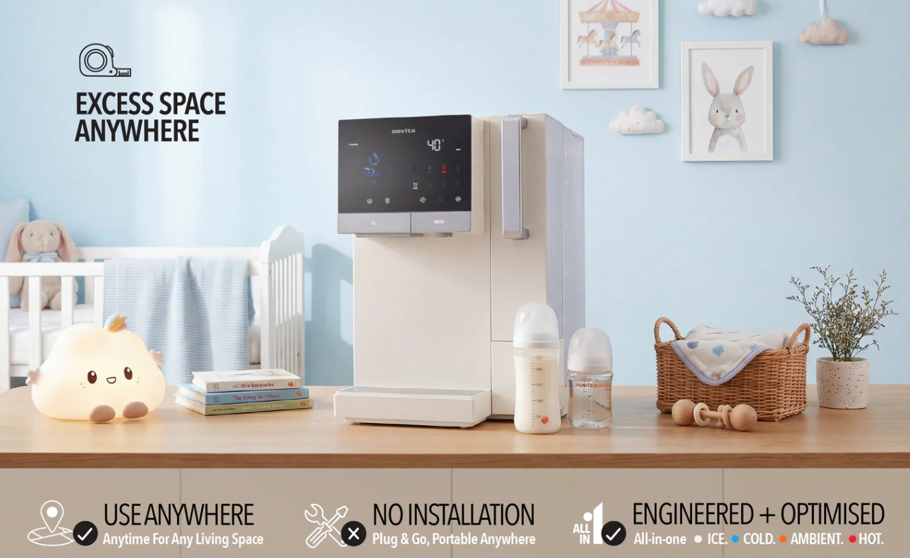 A compact RO Water Dispenser sits on a nursery table beside baby bottles, a plush lamp, and a basket, with icons and text highlighting its portability and instant hot/cold water features for added convenience.