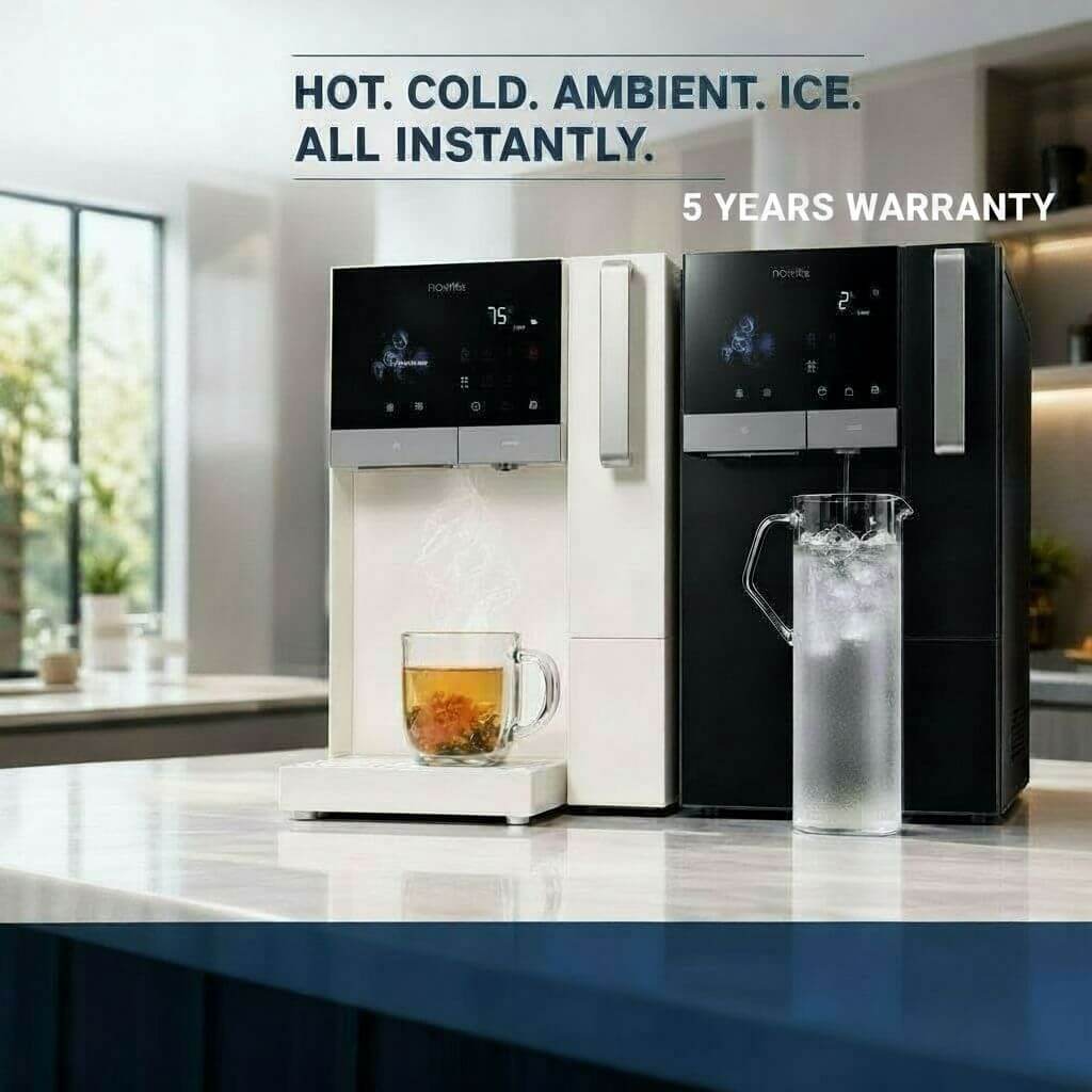 Two water dispensers on a kitchen worktop, one pouring hot water into a cup and the other dispensing cold water into a glass jug; text highlights features and a 5-year guarantee.