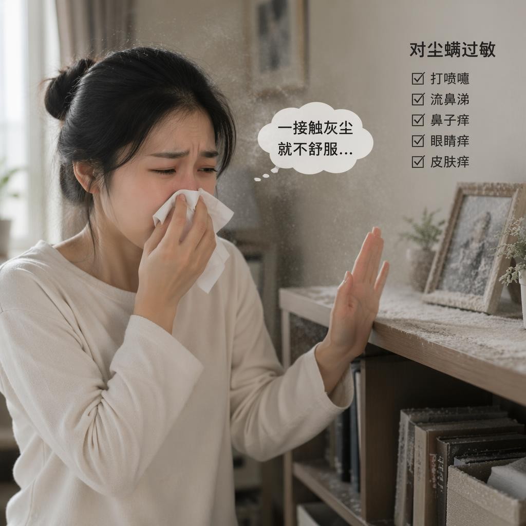 A woman covers her nose and mouth with a tissue whilst reacting to dust on a bookshelf; allergy symptoms and a checklist are displayed in Chinese text, highlighting the need for HEPA filter Best Air Purifiers to reduce allergens indoors.