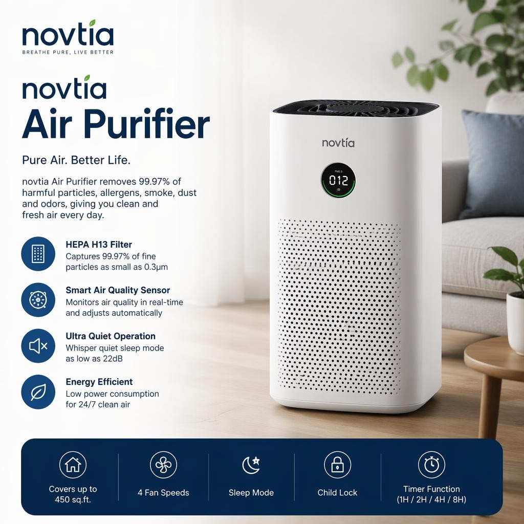 White novtia air purifier with digital display shown in a Singapore home; features and benefits listed, including advanced HEPA filter, smart sensor, quiet operation, and energy efficiency—ideal for clean, fresh indoor air.