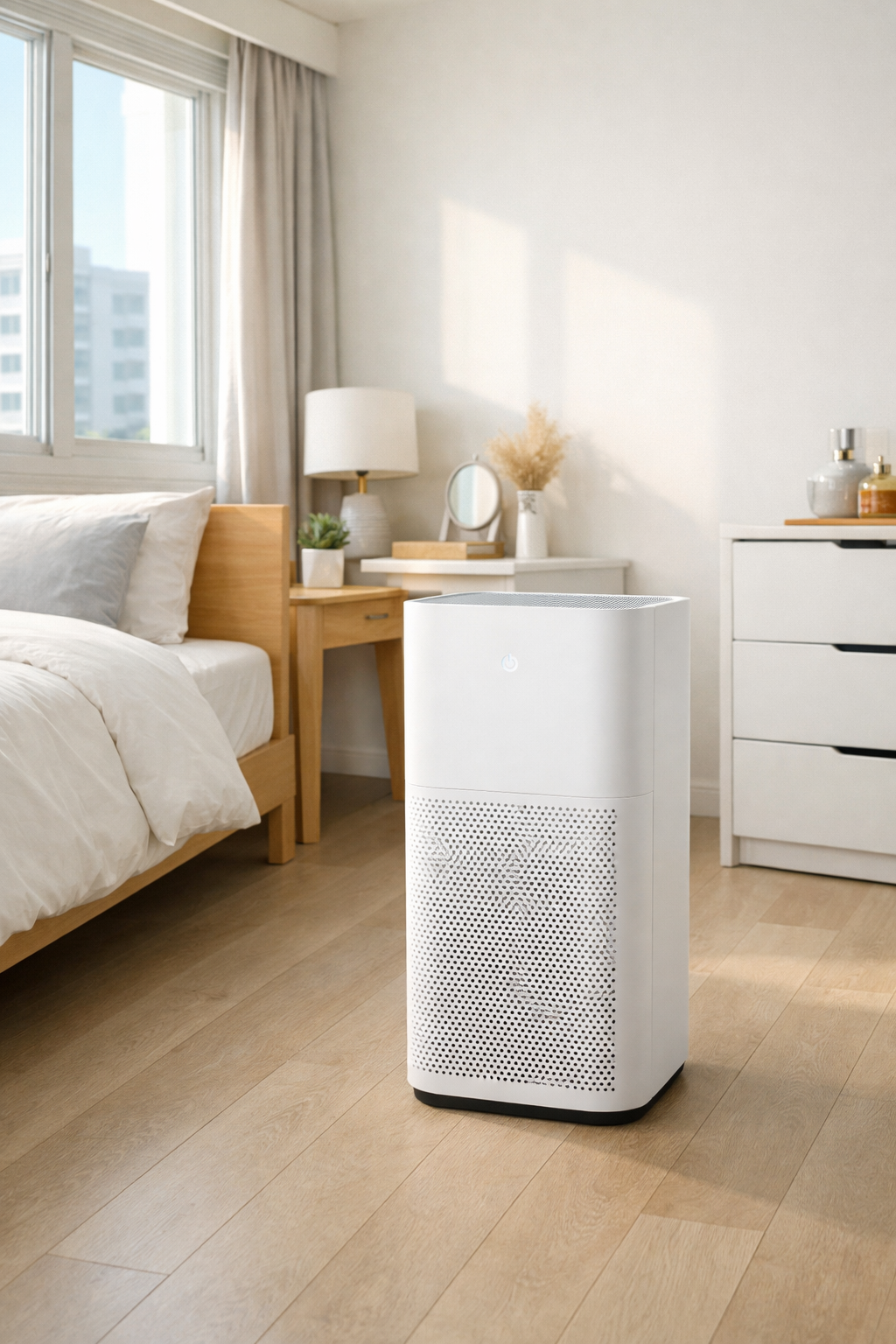 A white air purifier stands on a wooden floor in a bright, modern bedroom, helping to reduce mould and odour with clean air. A bed, bedside table, and chest of drawers are in the background.