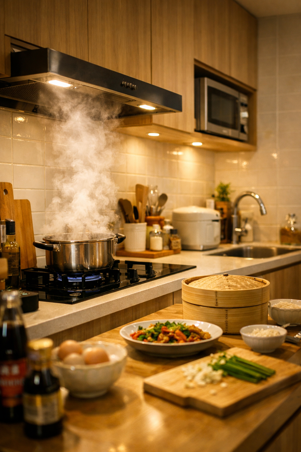 A modern kitchen with a steaming pot on the hob, various ingredients and dishes on the wooden worktop, and warm lighting illuminating the space—kept fresh with air purifiers that remove odour.