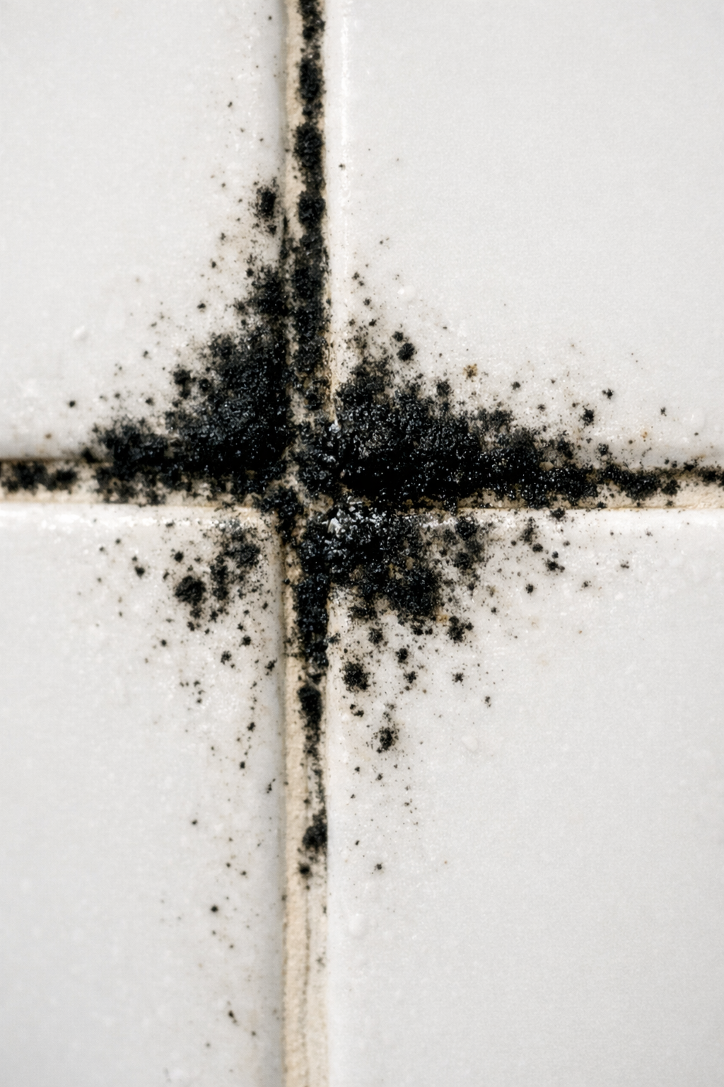 Black mould growth on the grout lines between white bathroom tiles, forming a dark spot at the intersection and causing an unpleasant odour.
