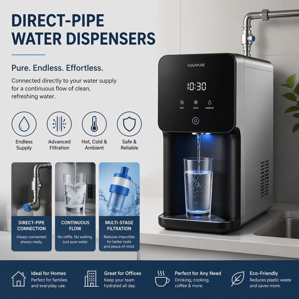 A modern direct-pipe water dispenser for home sits on a kitchen worktop, dispensing water into a glass, with feature icons and product benefits highlighted—an ideal choice for those seeking the best water dispenser in Singapore.