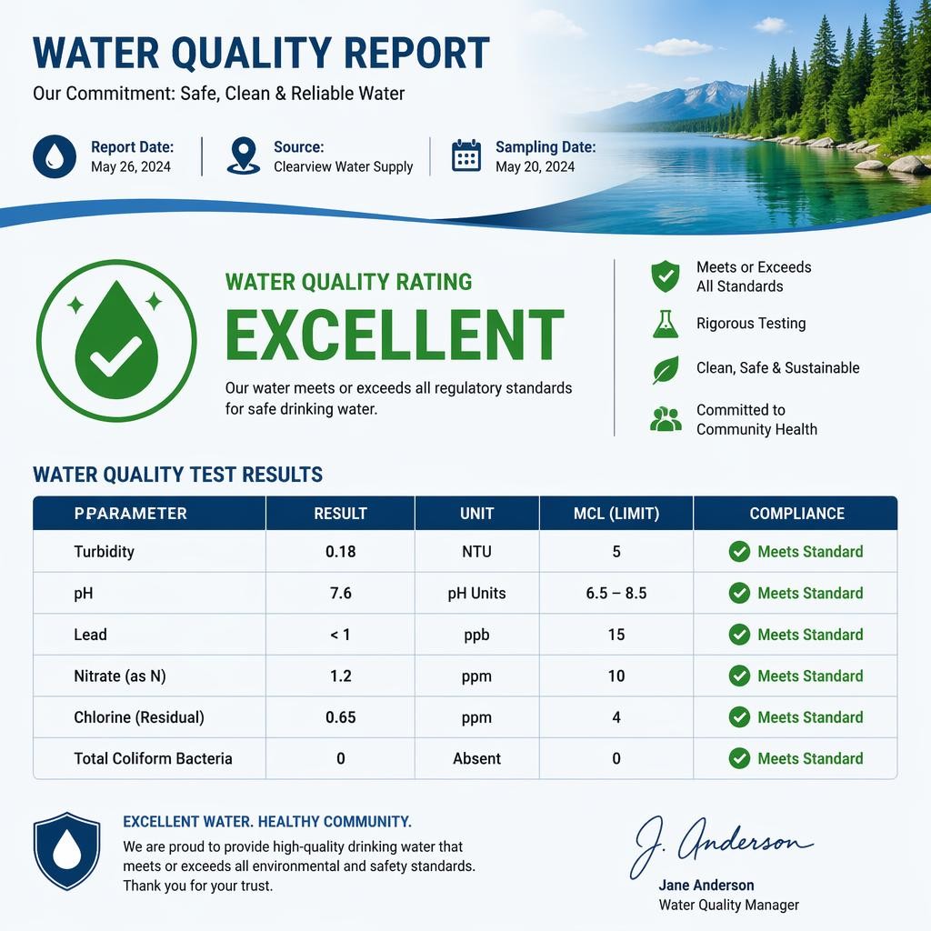 Water quality report shows all tested parameters meet standards; overall water quality rated excellent—ideal for use with the best water dispenser in your home or office.