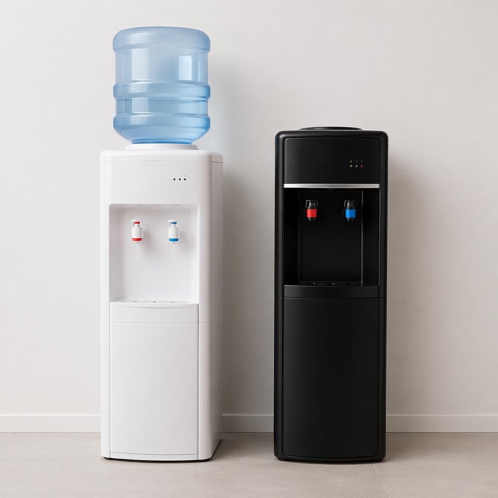 White and black water coolers stand side by side against a plain wall; the white cooler, ideal as a Water Dispenser for Home, has a blue water bottle on top.