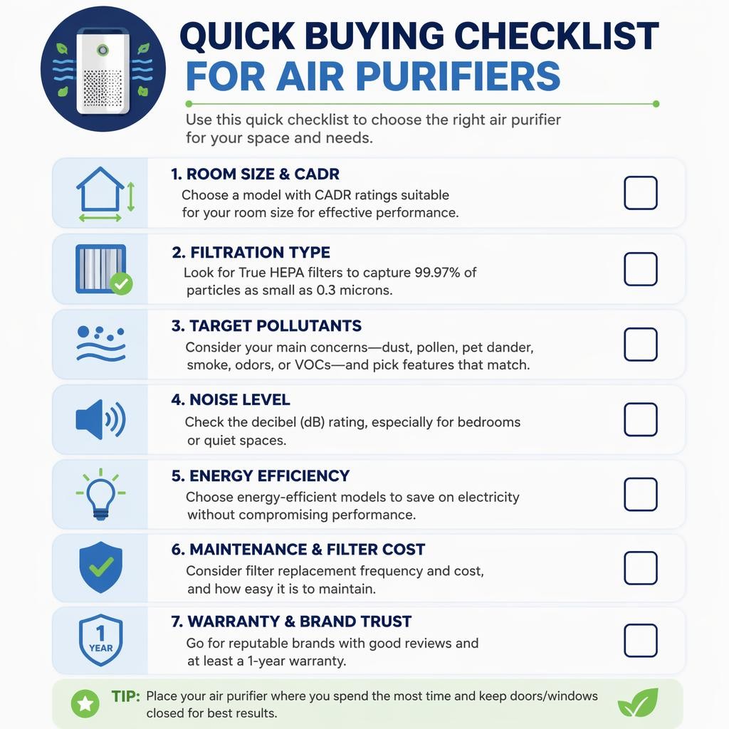 Infographic listing a 7-step buying checklist for air purifiers in Singapore, covering room size, filtration type, pollutants, allergies, noise level, efficiency, maintenance, and warranty, plus a tip for best use.