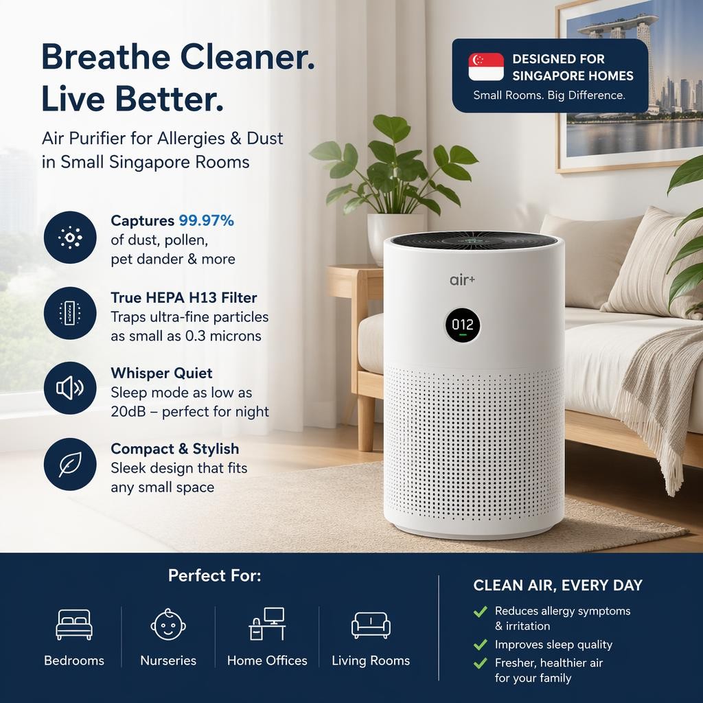 A white air purifier with a digital display sits in a modern living room, featuring HEPA filtration and whisper-quiet operation—perfect for Singapore homes and ideal for alleviating allergies.