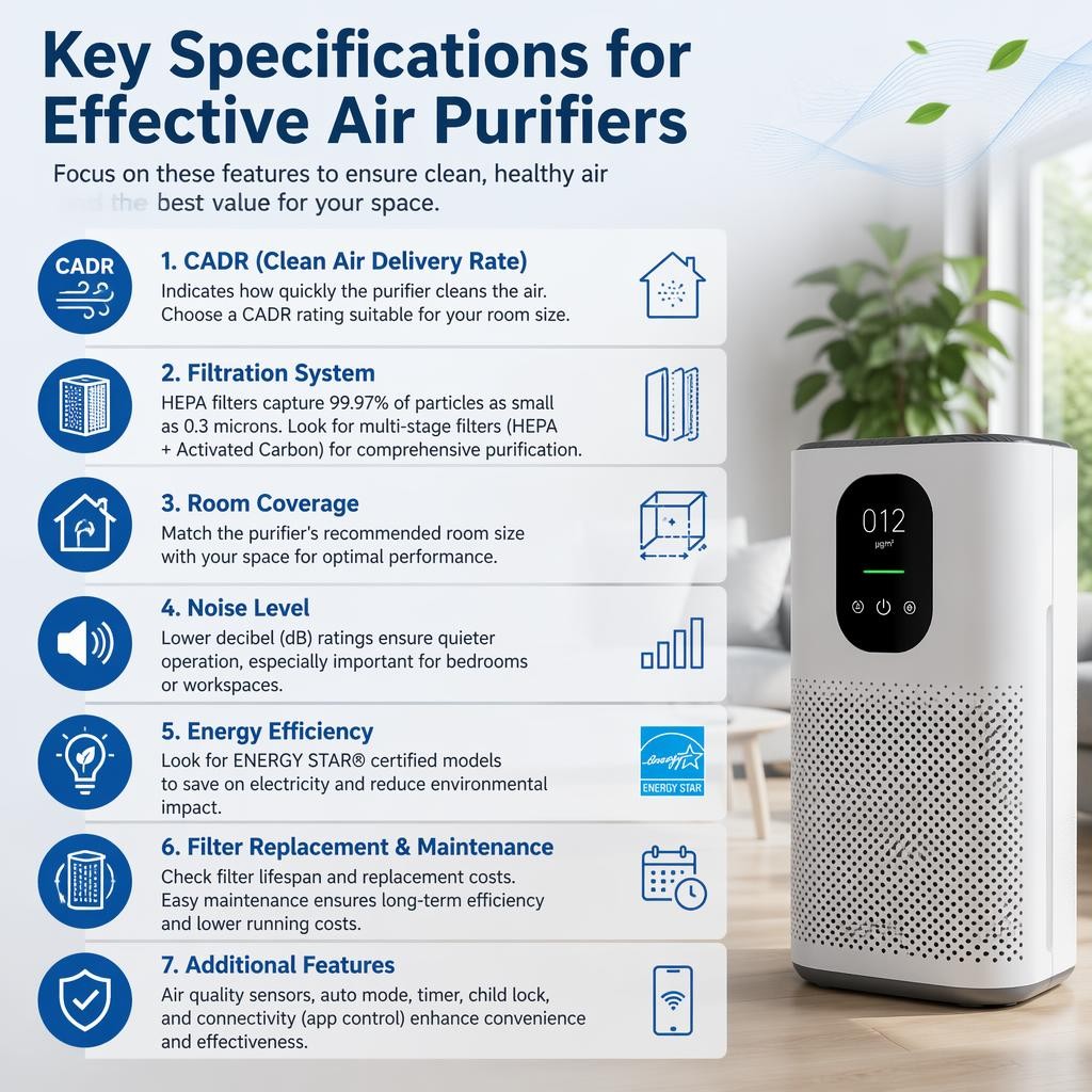 Infographic listing six key specifications for effective air purifiers, ideal for allergies in Singapore, alongside an air purifier with a digital display showing 012 and a power button.