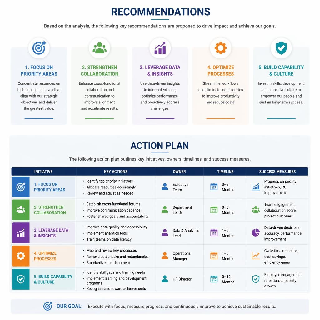 Infographic outlining five business recommendations and an action plan with initiatives, key actions, owners, timelines, impact ratings, and success measures for each recommendation—ideal for launching the best water dispenser for home in Singapore.