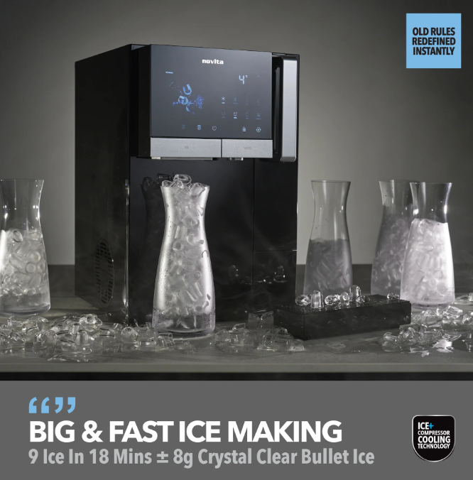 A black countertop ice maker with a digital display sits beside glass carafes and trays of bullet-shaped clear ice cubes. Text highlights fast ice making capabilities—perfect for pairing with a portable water dispenser in modern Singapore homes.