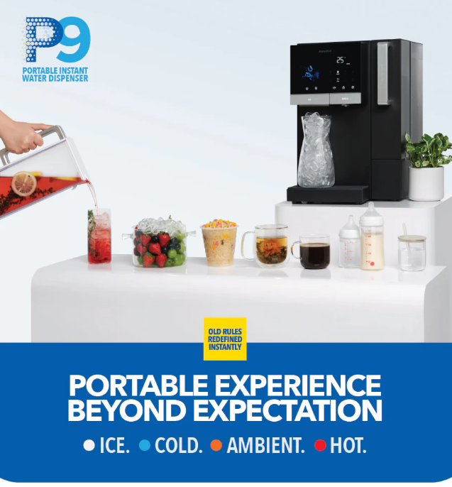 A person pours a drink from a jug beside a Portable Water Dispenser in Singapore, featuring various beverages and containers, and showcasing ice, cold, ambient, and hot water options.