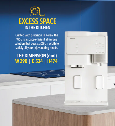 White kitchen appliance on a worktop in front of a blue wall, with product dimensions and features listed in text above and beside it. Perfect for modern homes, this hot and cold water dispenser is an ideal choice for anyone looking to choose a water dispenser in Singapore that combines style with functionality.