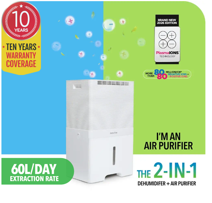 White dehumidifier and air purifier unit with text highlighting 60L/day extraction rate, 10-year guarantee, and 2-in-1 functionality to enhance indoor air quality. Colourful bubbles and certification badge are shown.