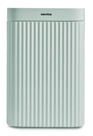 A white, rectangular Novita air purifier with vertical ridges on the front and a smooth top panel, designed to complement energy-saving dehumidifiers and enhance overall energy efficiency in your living space.