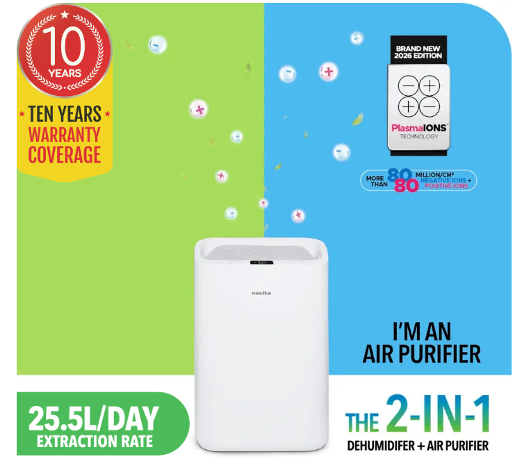 White dehumidifier and air purifier with warranty badge, extraction rate, plasma ion technology label, and floating colourful particles on a blue and green background. Discover the dehumidifier benefits of this energy-efficient device designed to keep your air clean and fresh while saving on power consumption.