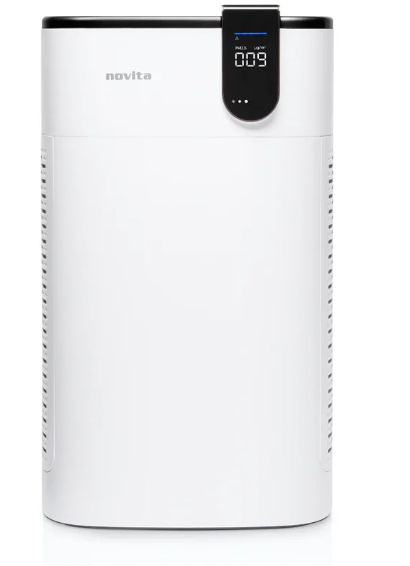 A white Novita A8i air purifier with a digital display showing numbers, set against a plain white background—an ideal choice among air cleaners Singapore residents trust for cleaner indoor air.