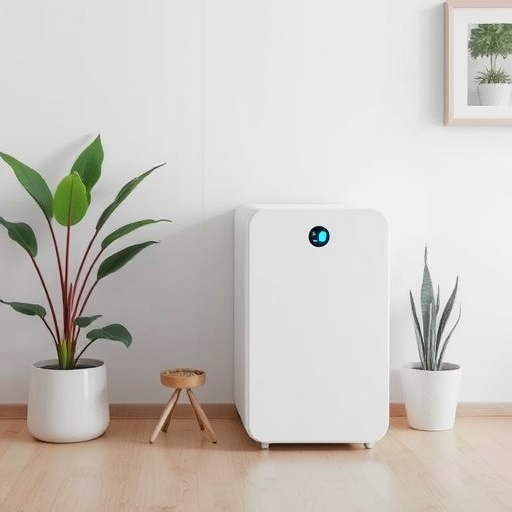 A Novita air purifier with a digital display stands between two potted plants in a minimal, modern room with light-coloured walls and wooden flooring—perfect alongside the best dehumidifier for any Singapore home.