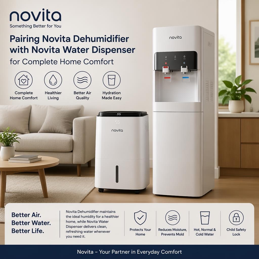 Novita dehumidifier and water dispenser placed side by side in a modern living room, with icons and text highlighting humidity control features—showcasing why Novita is the best dehumidifier Singapore offers for healthier living spaces.