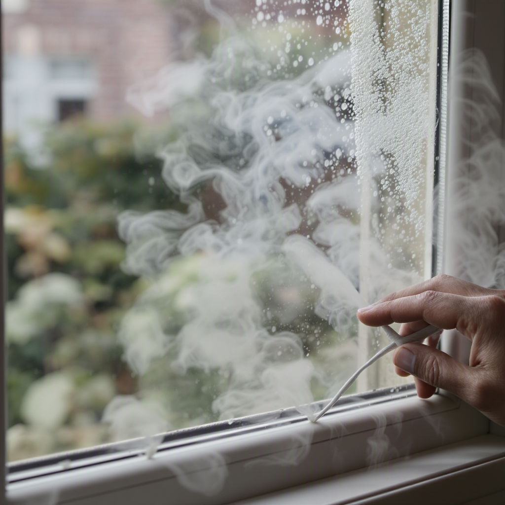 A hand holds a lit cigarette near a closed window, with smoke and condensation visible on the glass—an ideal scenario to consult a Dehumidifier Guide or consider using a DC Motor Dehumidifier to reduce moisture build-up.